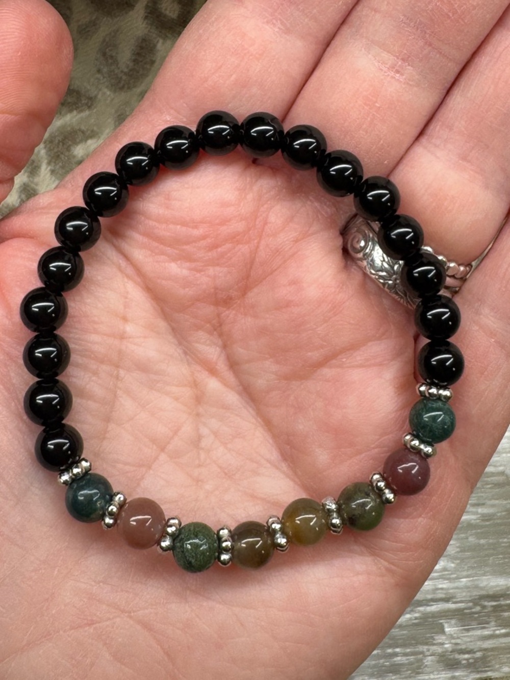 India Agate & Black Obsidian Crystal Gemstone Stretch Natural Healing Energy